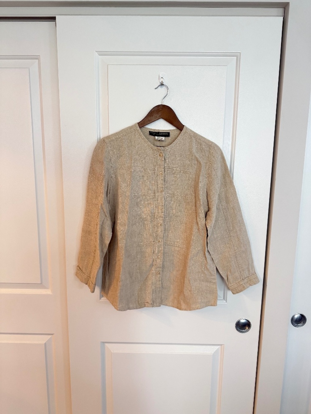 Vintage Harvé Benard 100% Linen Collarless Jacket Shirt Size 6 Natural